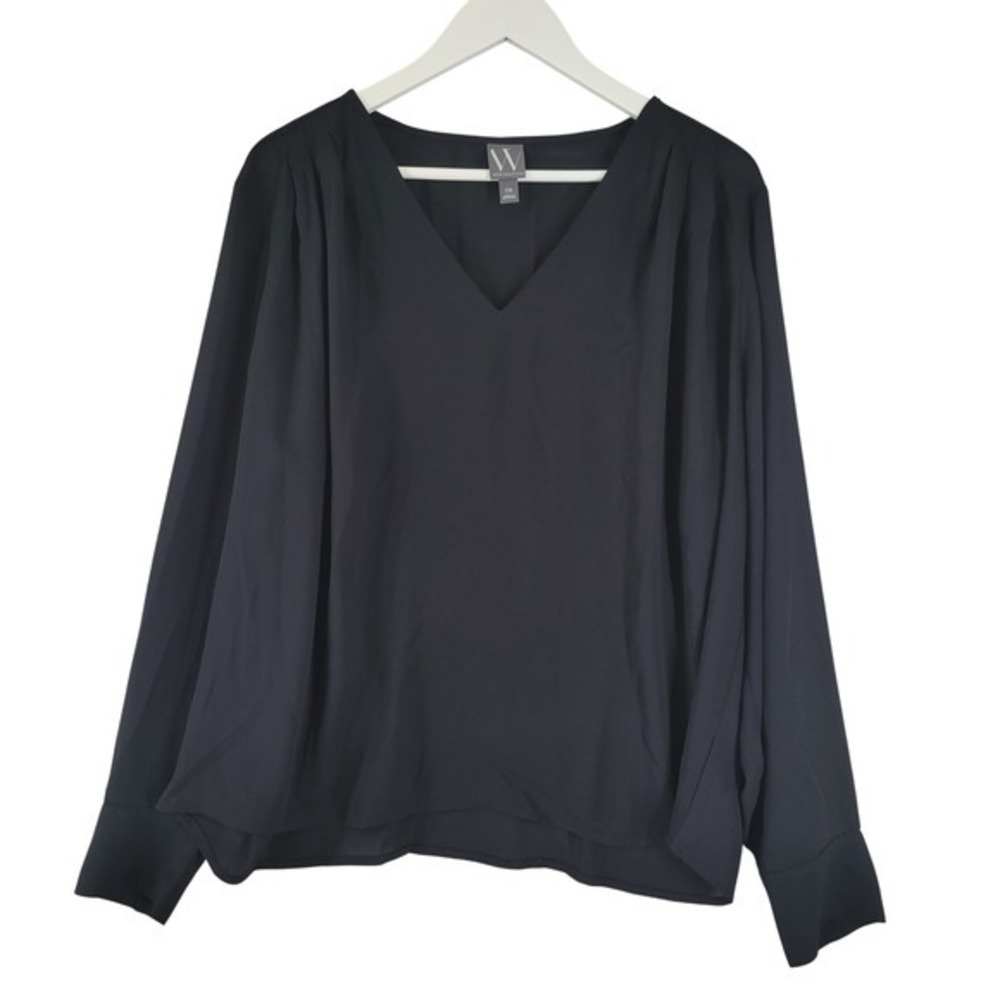 Worthington V-Neck Blouse Women XXL Black Pleated Long Sleeve Top Career Minimal